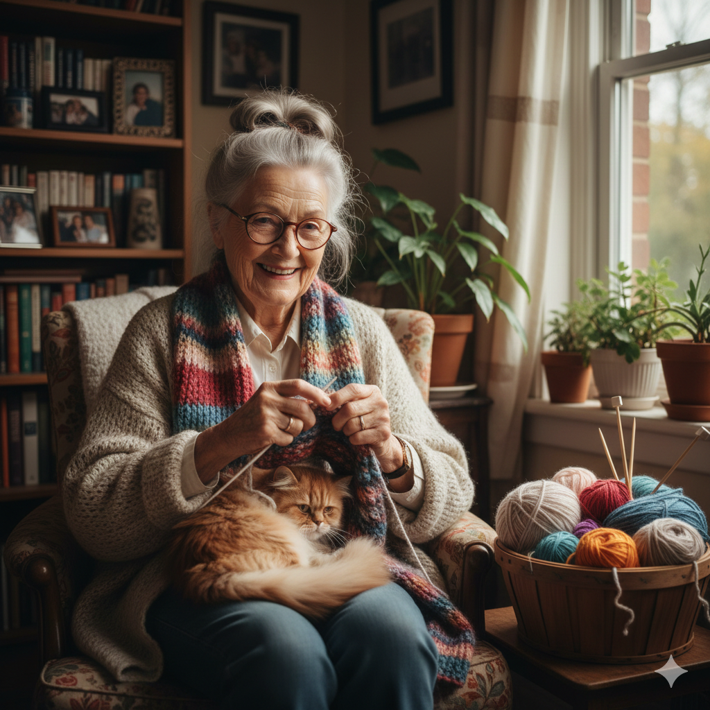 A dedicated volunteer knitting a scarf at home