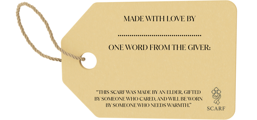 SCARF label — Made with love by an elder, gifted by someone who cared